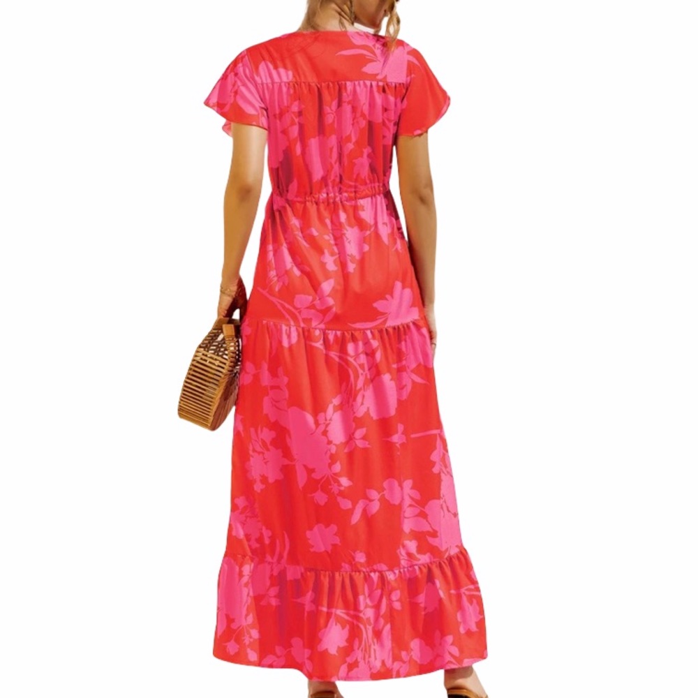 Boho Chic Floral V-Neck Button Tiered Toe Waist Maxi Dress - Picture 2 of 16